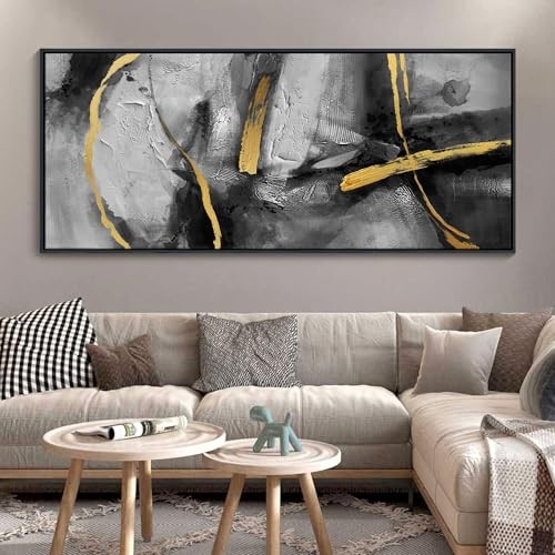  Abstract Black Gray Gold Large Canvas Wall 71"L x 32"W Black and White Framed