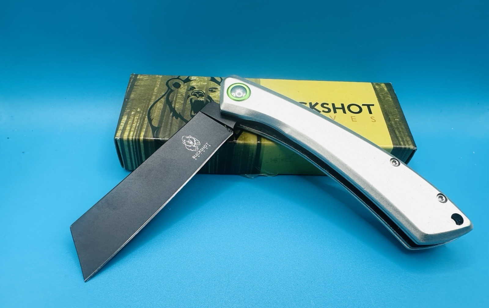 New BUCKSHOT FOLDING POCKET KNIFE 7.75" Silver Cleaver Pocket Knife Black Blade