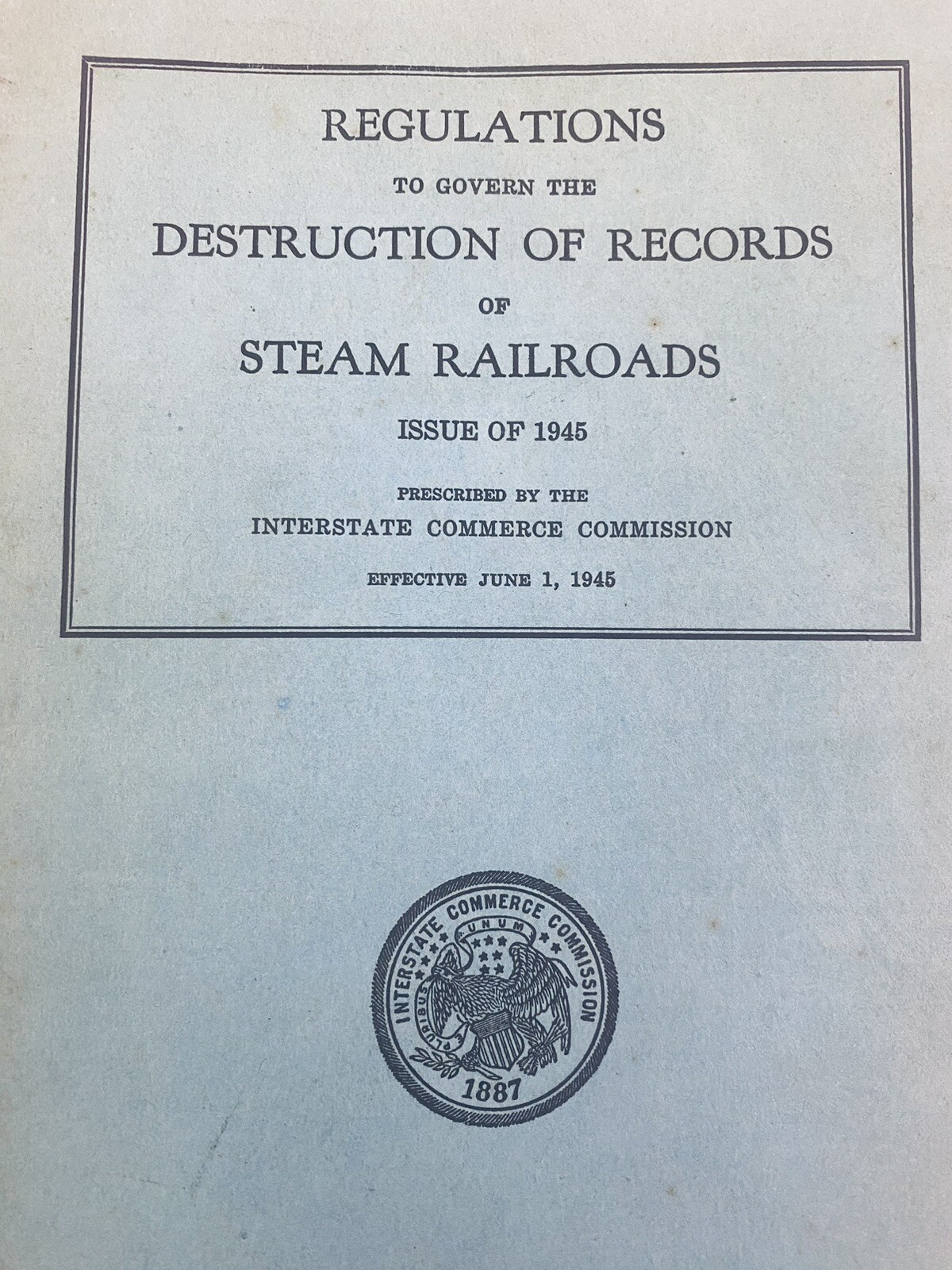 Interstate Commerce Commission Destruction Steam Railroad Records 1945 Ephemera