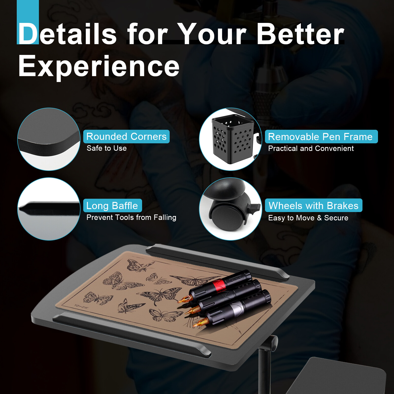 Tattoo WorkStation Arm Rest Mobile Work Station Portable Tray Rolling Stand New