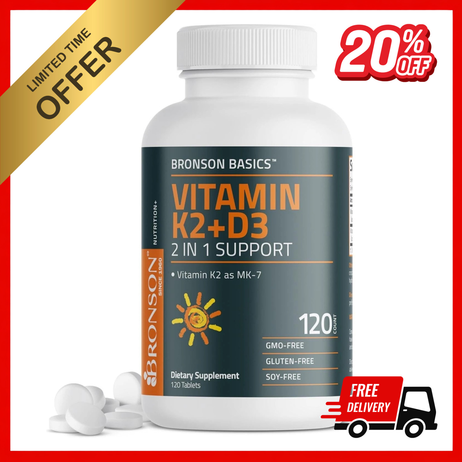 Bronson Vitamin K2 D3 (MK7) Supplement Non-GMO Formula 120 Count (Pack of 1) 