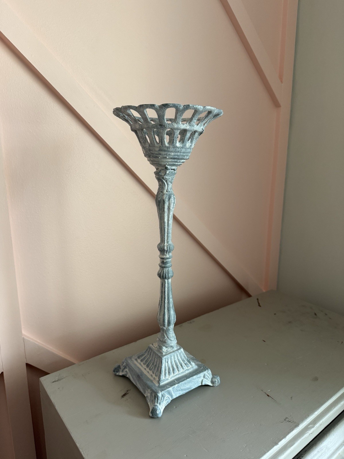 VTG Cast Iron Pedestal Candle Holder or Decor W/ Large Round Open Bowl 