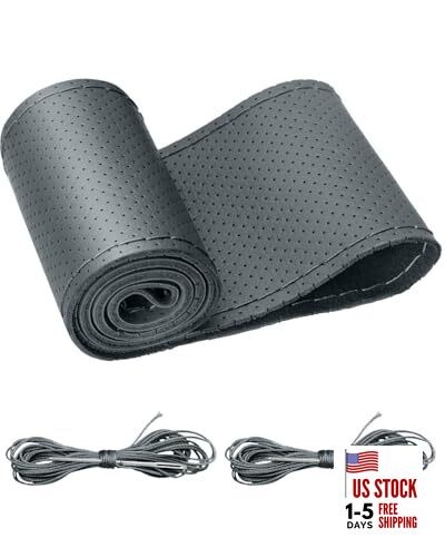  Universal Leather Car Steering Wheel Cover, Stitch On Wrap (Size) M4 Gray