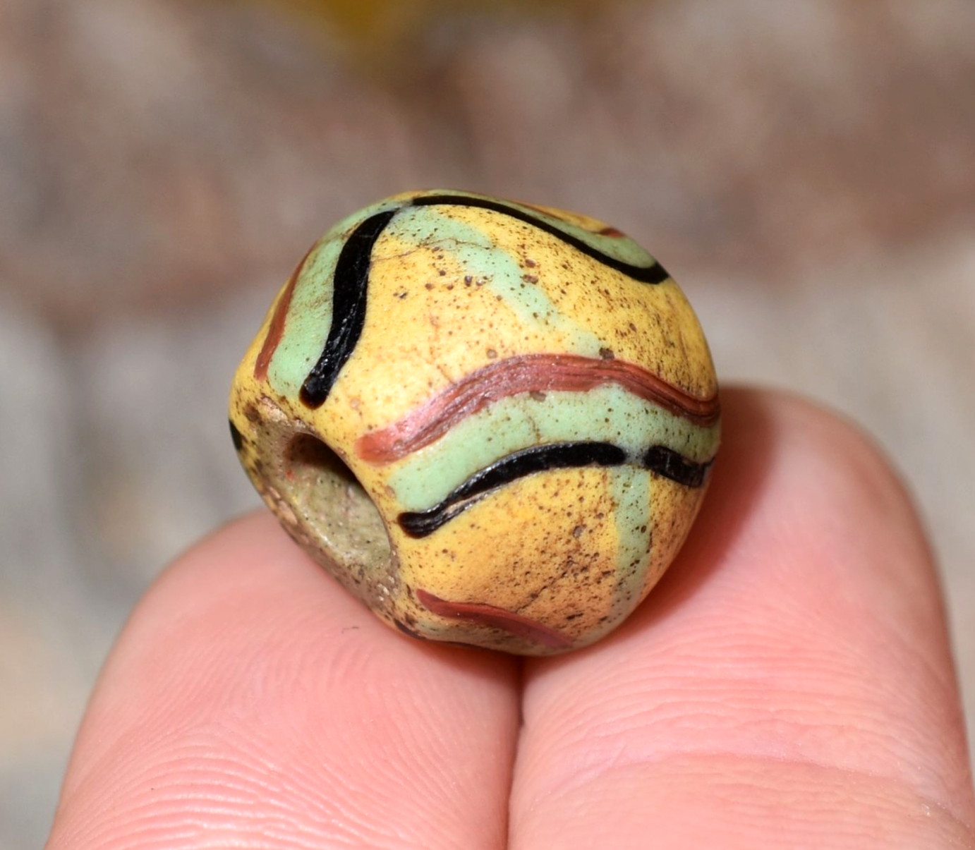 Antique African Powder Glass Akoso Yellow Bicone Stripe Bead Ghana African Trade