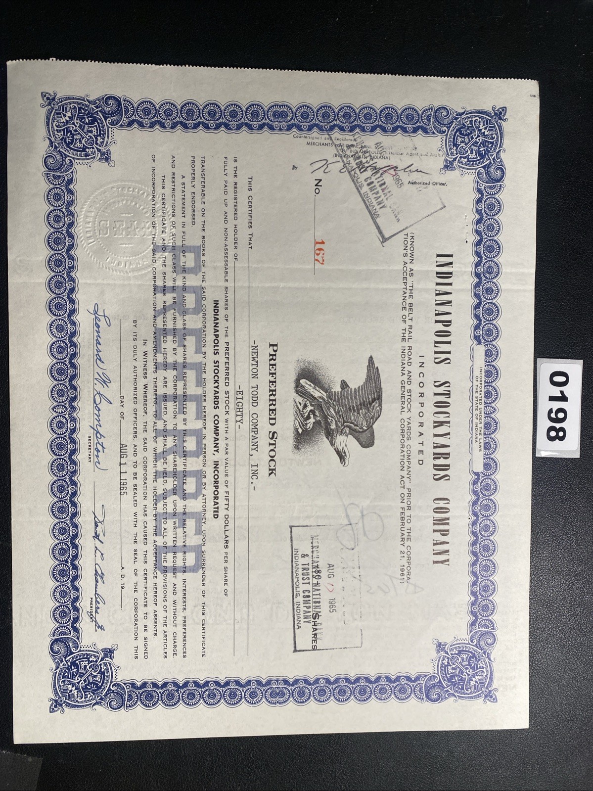 INDIANAPOLIS STOCKYARDS COMPANY Stock Certificate 1965 0198