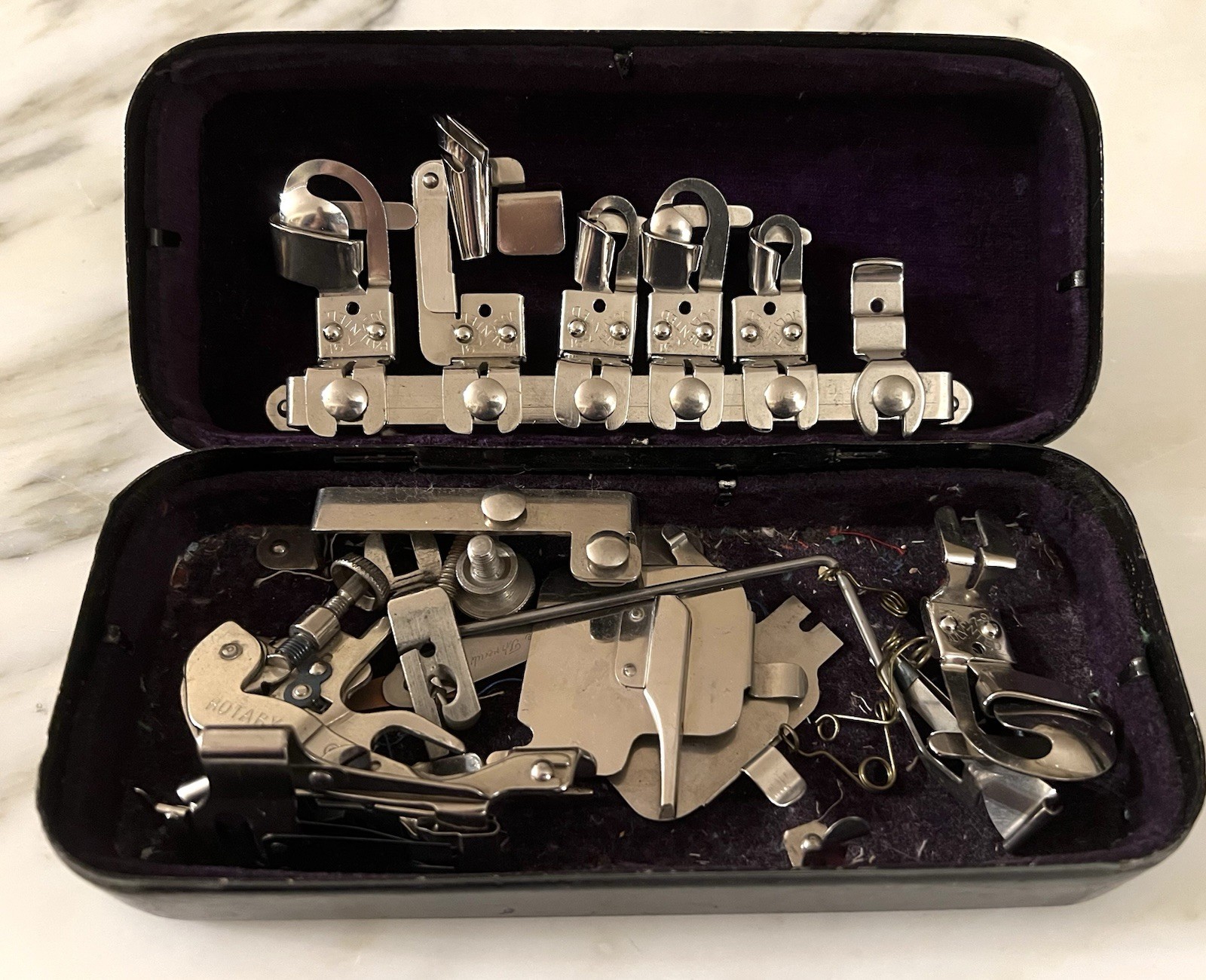 Rotary Sewing Machine  Attachments And Metal Box Tin