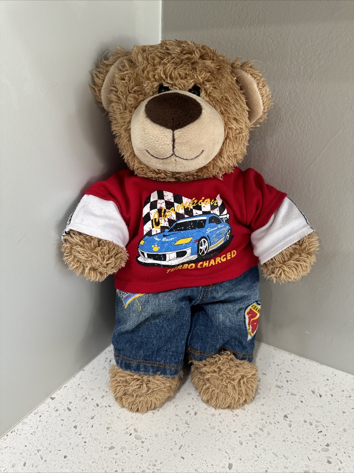 Build A Bear Teddy With Turbo Charge Car Shirt And Jean Shorts Super Clean!