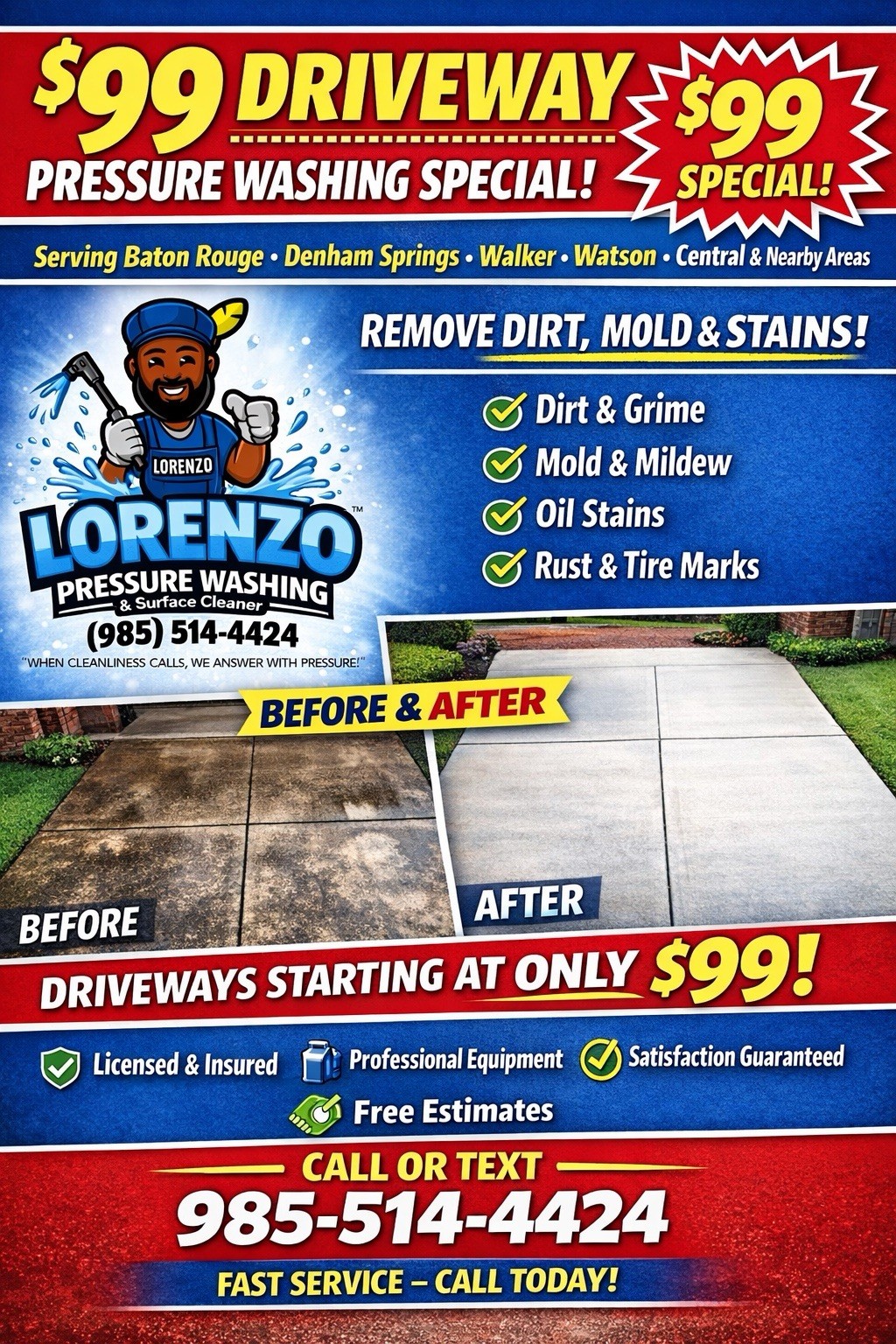 $99 Driveway Cleaning – Pressure Washing – Local Service