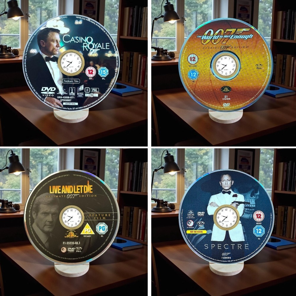 James Bond 007 Novelty Desktop Clock - Upcycled DVD Handmade Display Stand