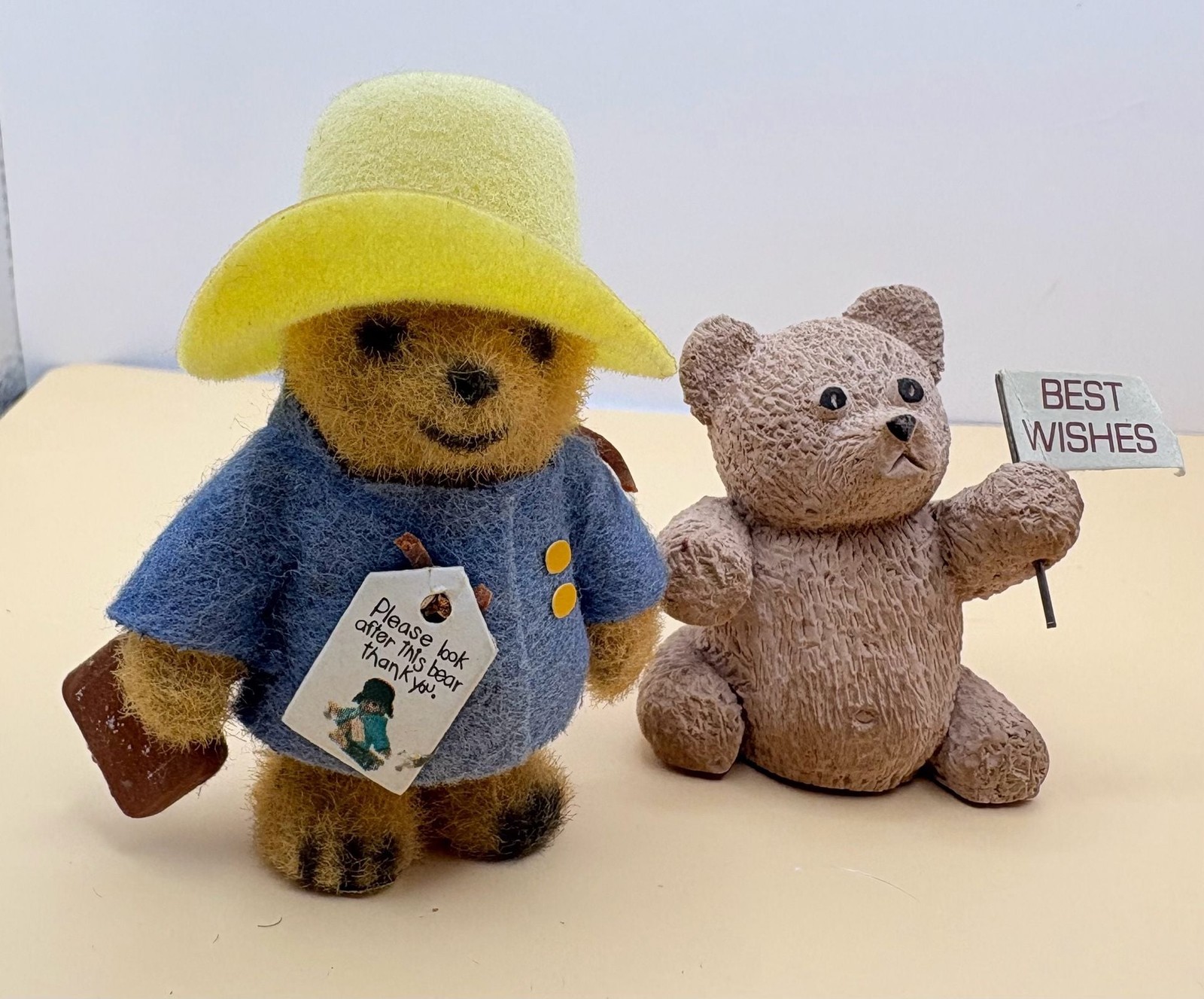 Vintage Flocked Paddington Bear Figurine with Best Wishes Teddy Bear Set