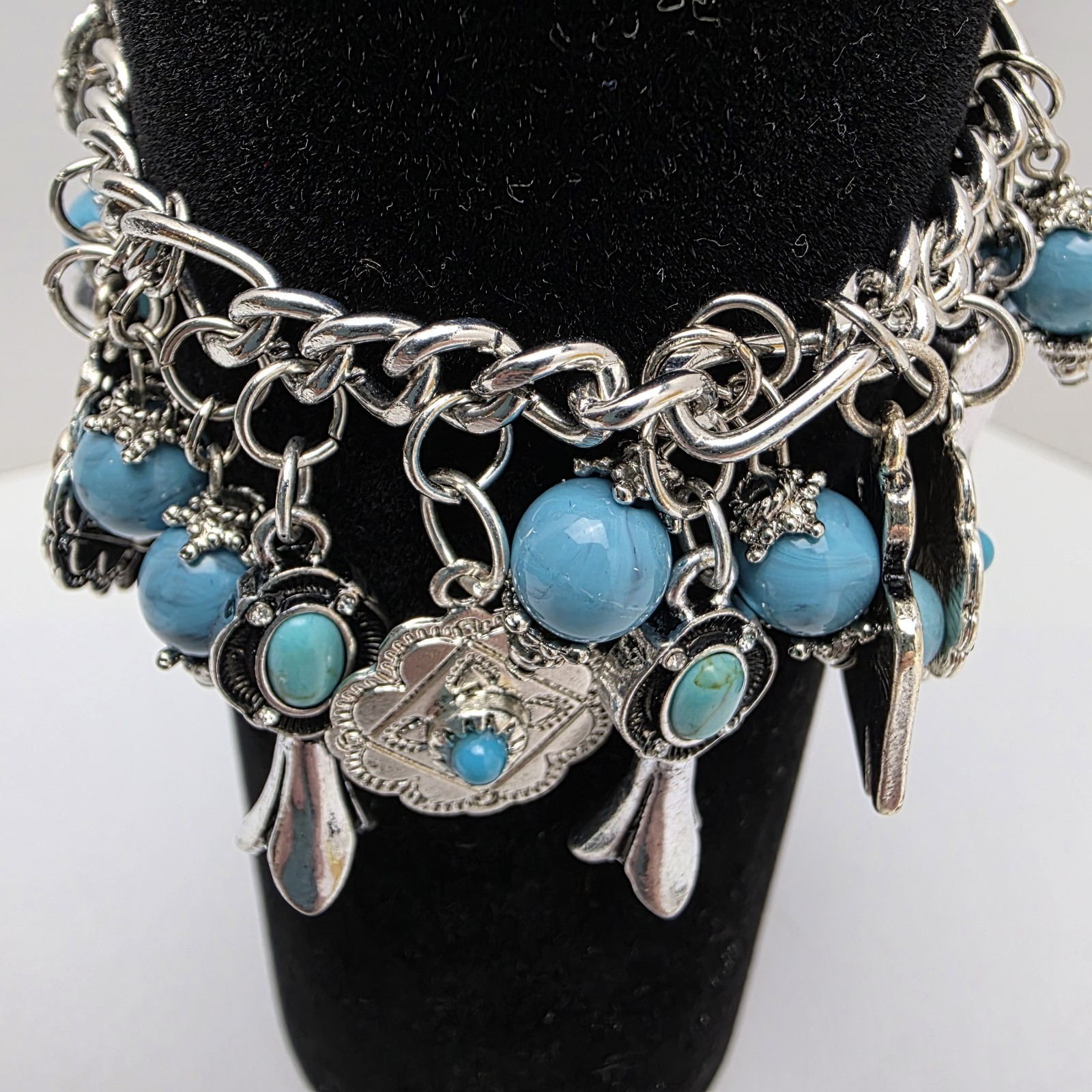 Hand Crafted Unique Southwest Charm Bracelet Silver Tone Faux Turquoise O