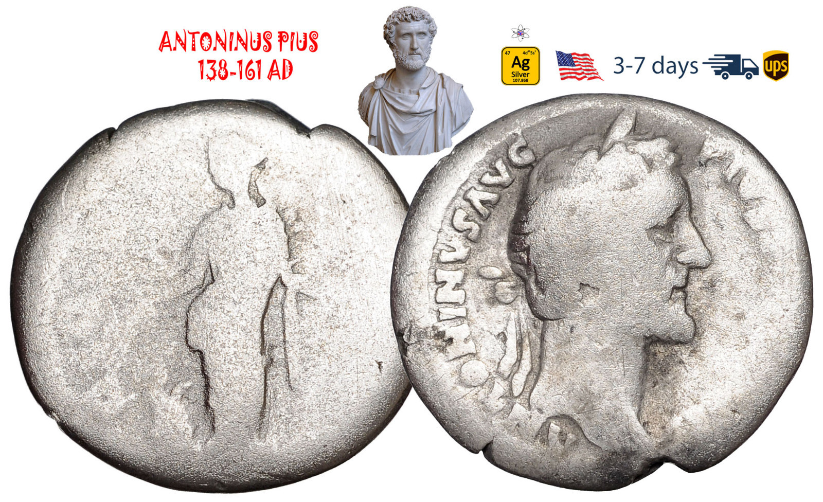 Ancient Roman Empire Coin Silver Denarius ANTONINUS PIUS 138-161 AD #32138