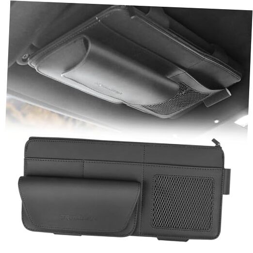 Car Sun Visor Organizer Premium Leather Storage Bag with Magnetic Sunglass 