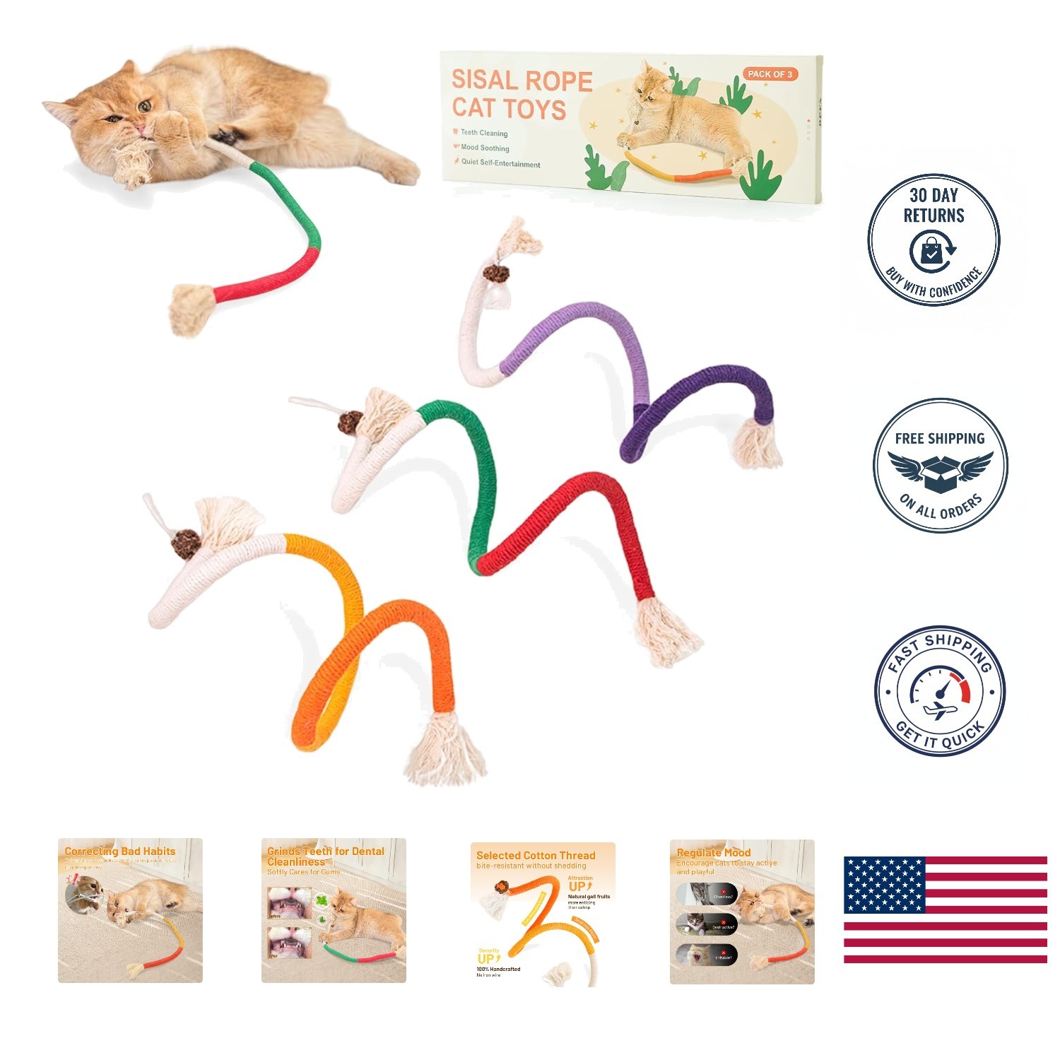 Colorful Catnip Rope Toys - 3 Chewable Dental Health Solutions for Indoor Cats