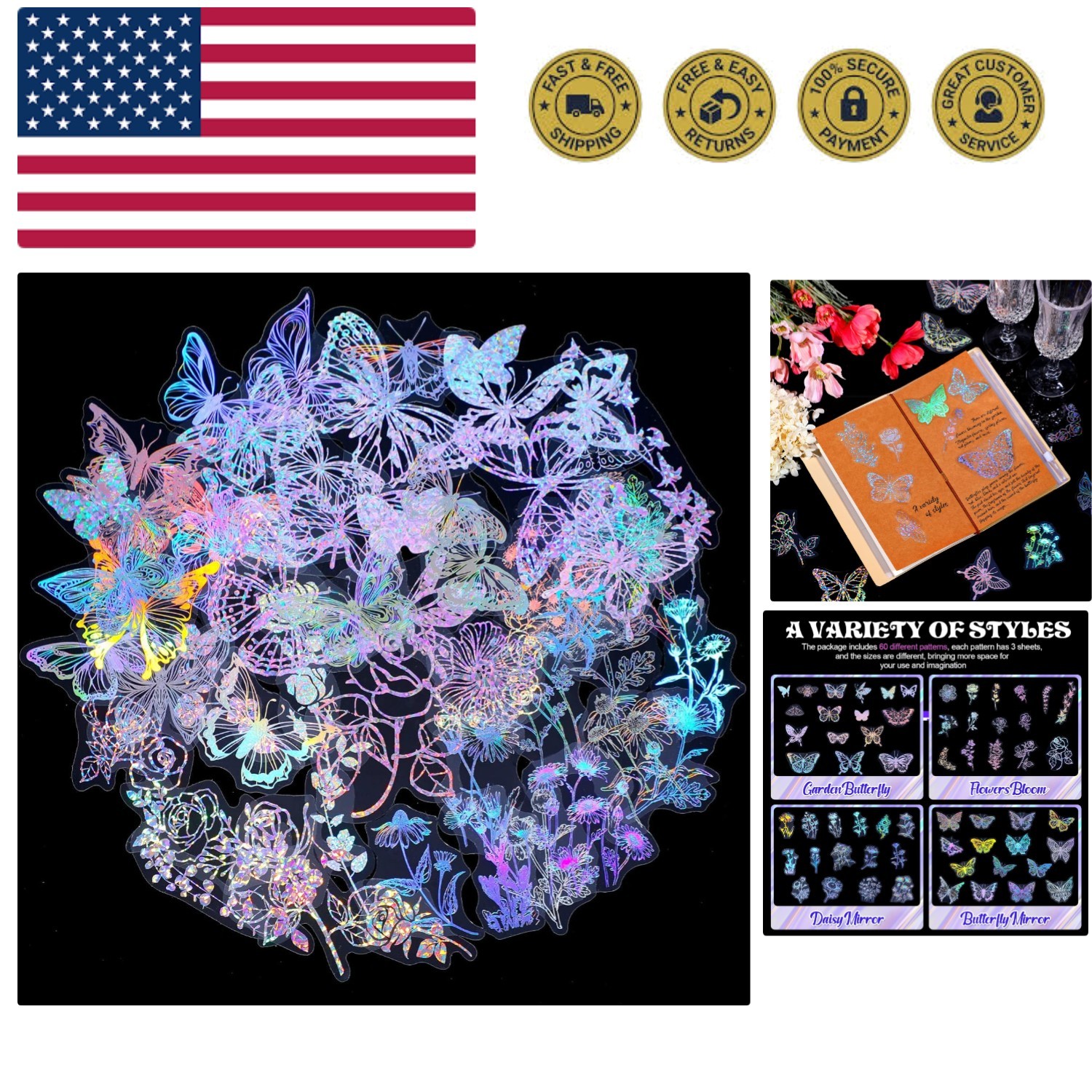 180 Pcs Holographic Glitter Butterfly Sticker Set Waterproof Plant Decorative...
