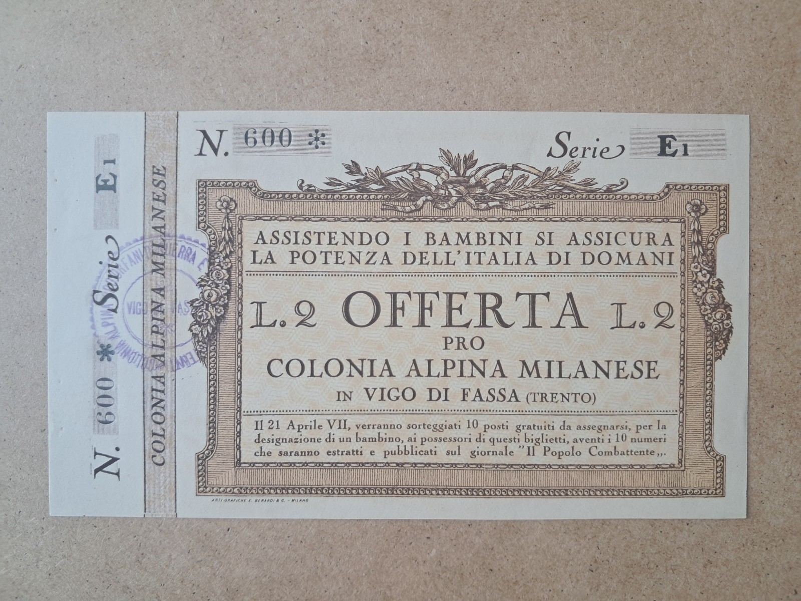 Vigo di Fassa Lottery Ticket - Milanese Alpine Cologne - 1929