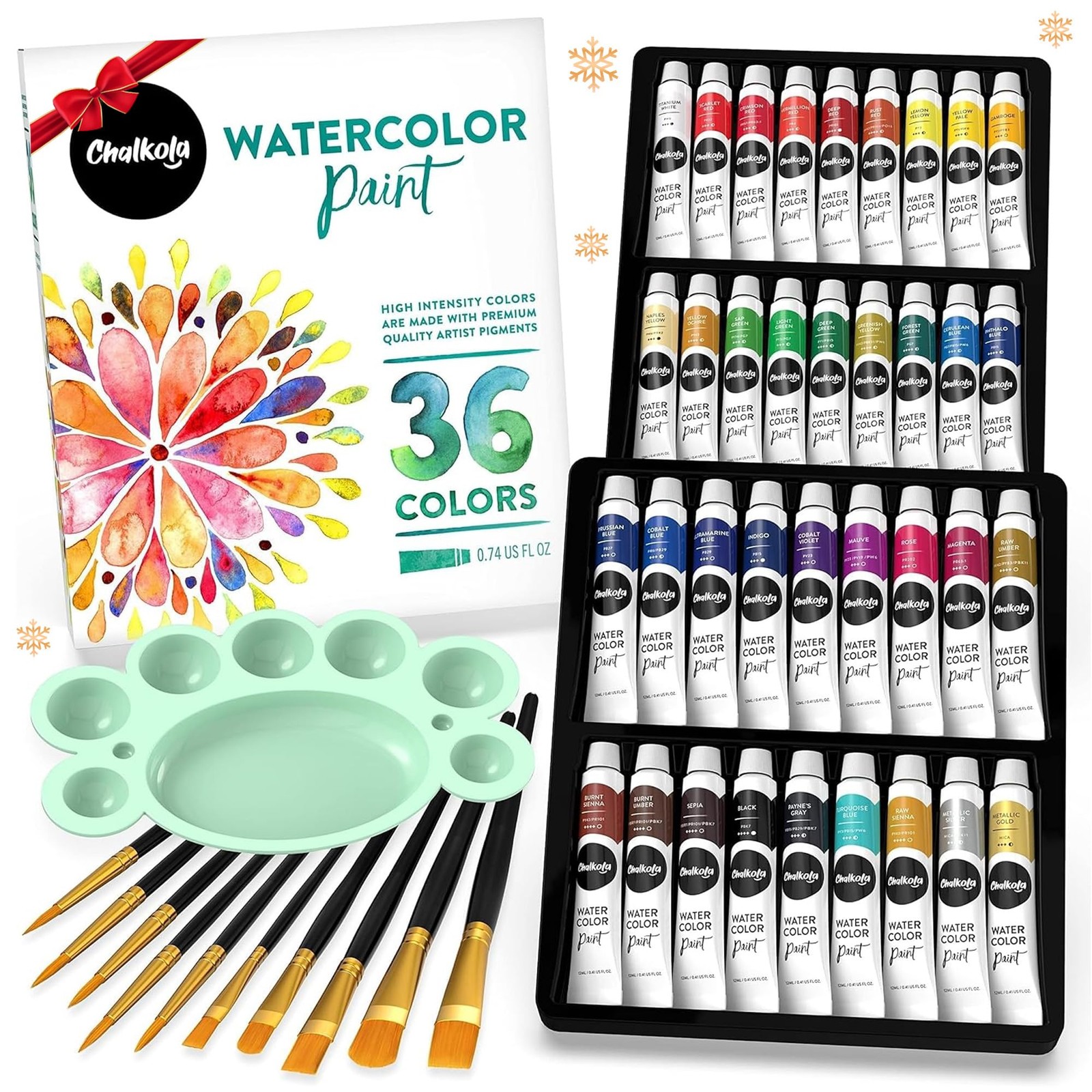 Chalkola Watercolor Paint Set 36 Tubes & 10 Brushes for Artists & Beginners