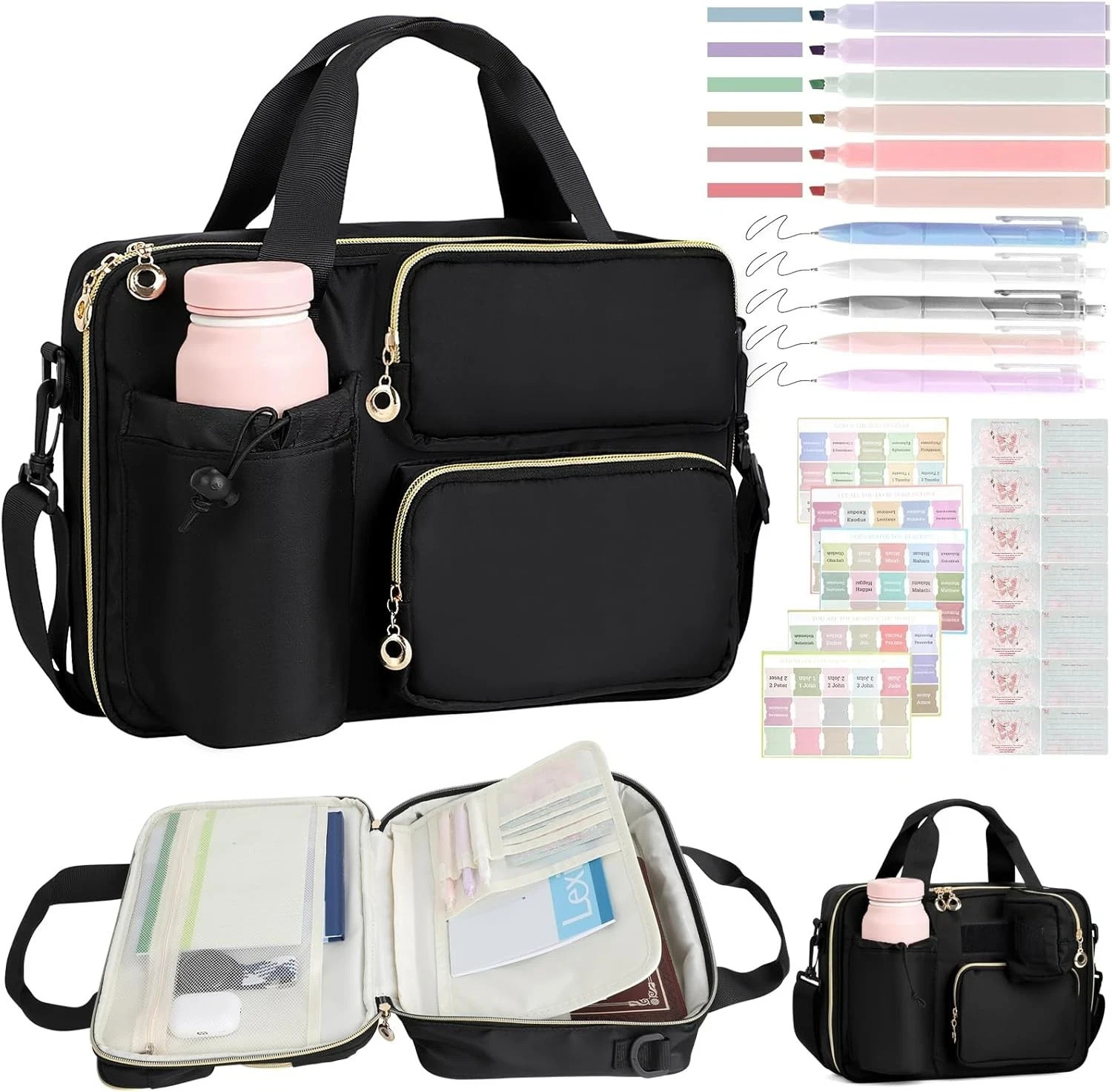 Large Bible Bag with Removable Pencil Case,Water Bottle Pocket & Shoulder Strap