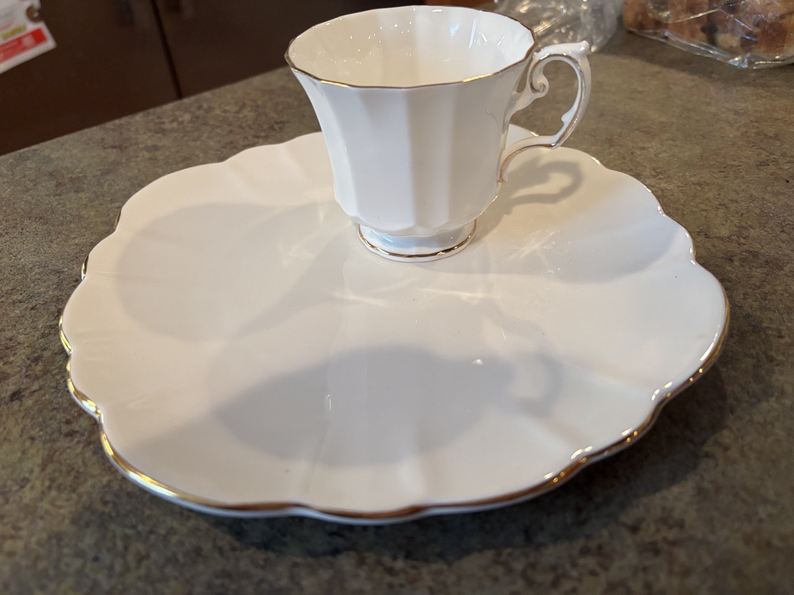 Elizabethan Cup and Plate Set - Snack Set - White with Gold Trim