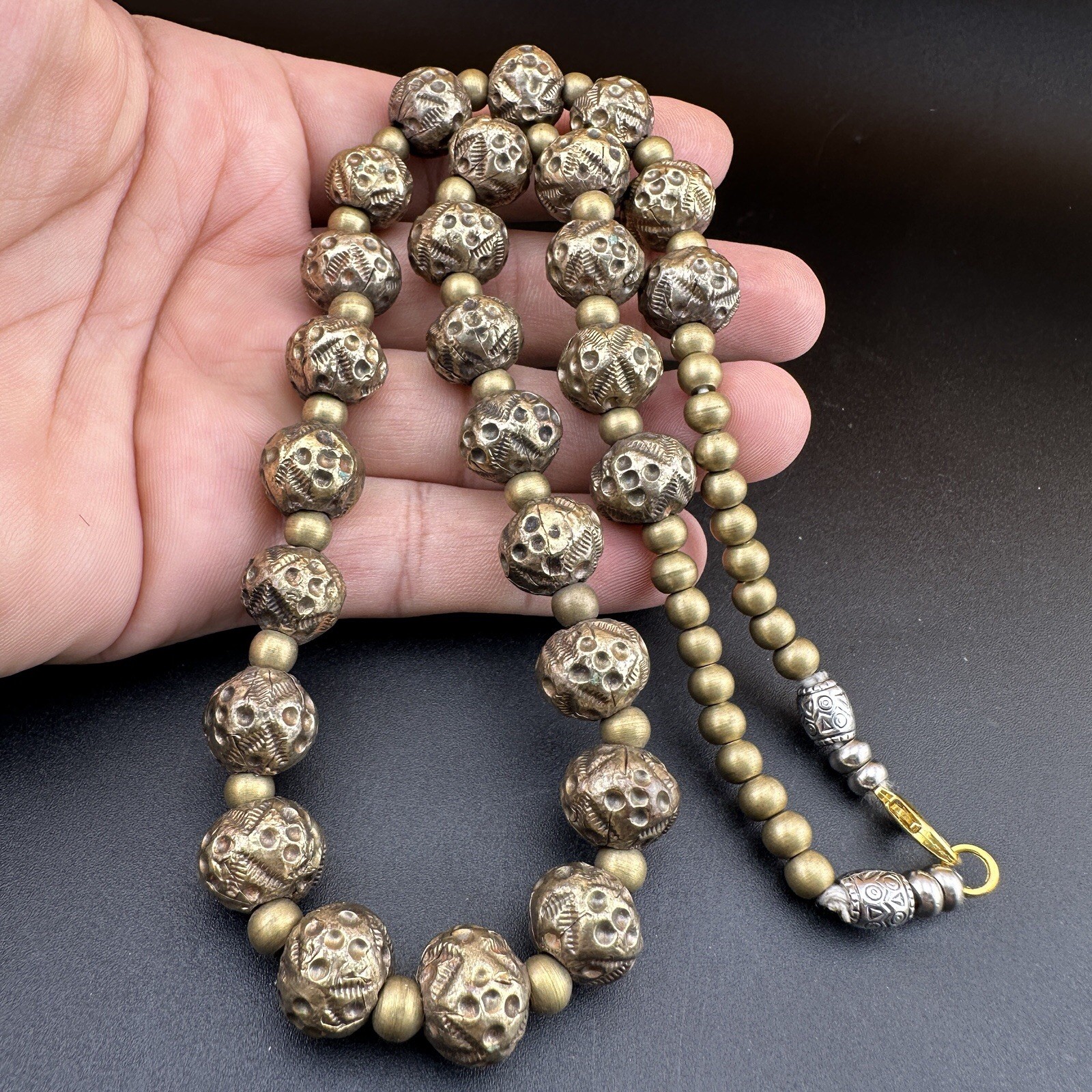 Gorgeous 26 Vintage Afghani Handmade Brass With Gold Plated Round Beads Necklace