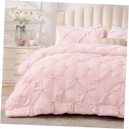  Queen Comforter Set - 3 Pieces Boho Pintuck Bedding Queen(88"x88") Baby Pink