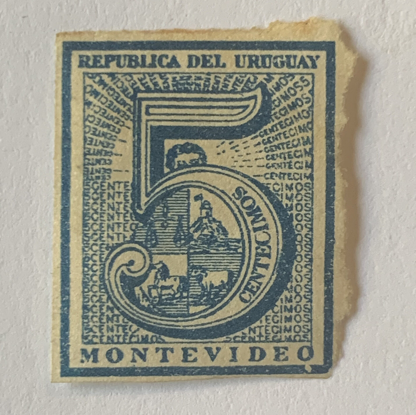 RARE 1866 URUGUAY MONTEVIDEO 5C IMPERF MINT STAMP