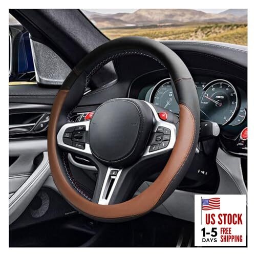 14.5"-15" Car Steering Wheel Cover, Microfiber Leather Cover, Anti-Slip Coffee