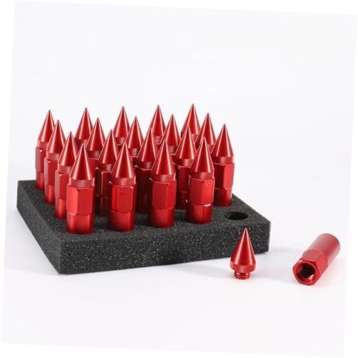 M12x1.25 Spikes Wheel Lug Nuts, 20 Pcs Extended Tuner Lug Nuts, 60mm Red