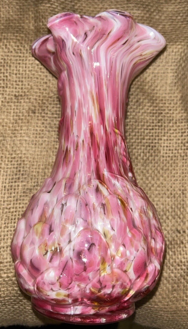 Antique Pink END OF THE DAY Vasa Murrhina Rose Mist Vase 4”Diam 7.5”T Fenton