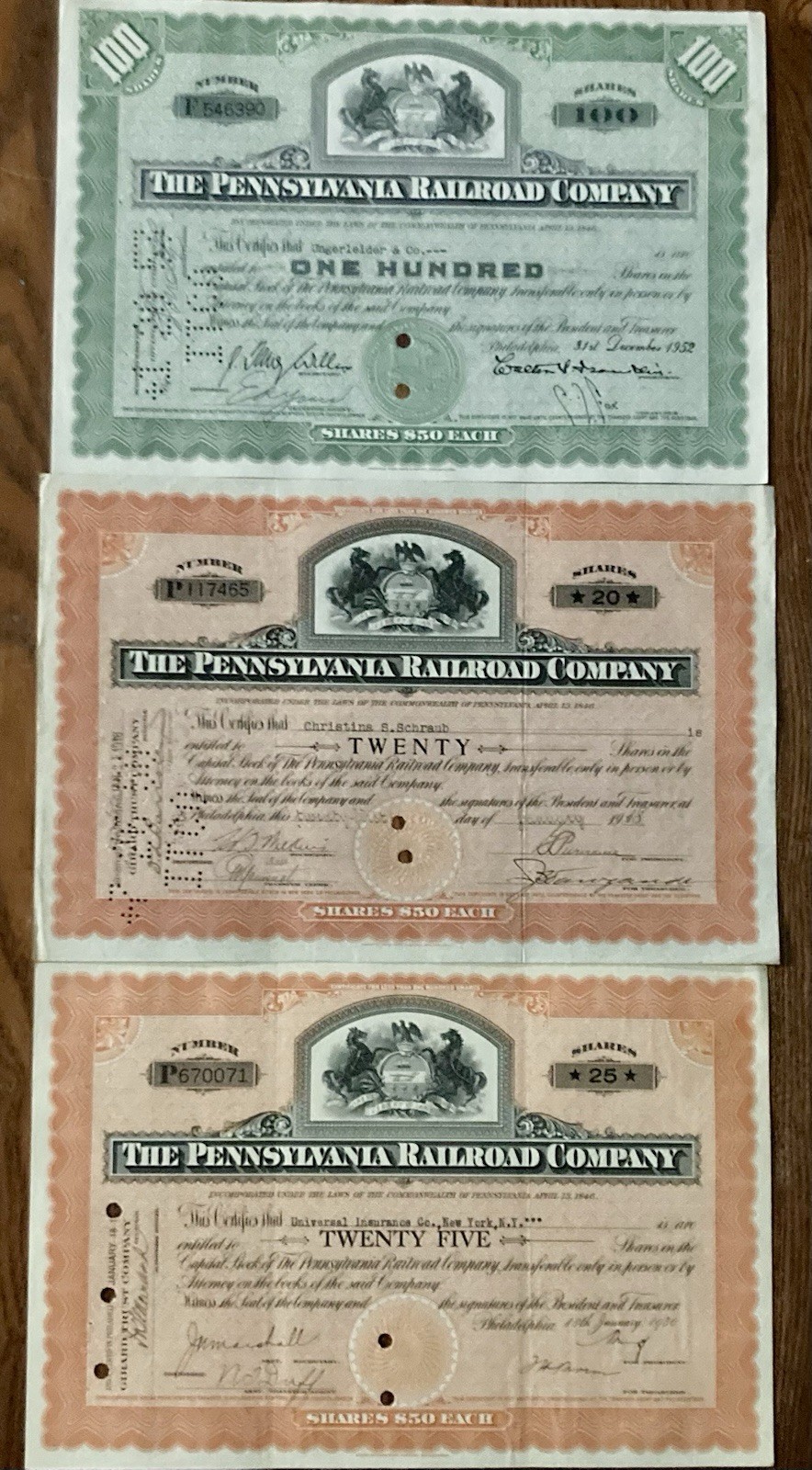 Pennsylvania Railroad Company Vintage Stock Certificates Lot of 3