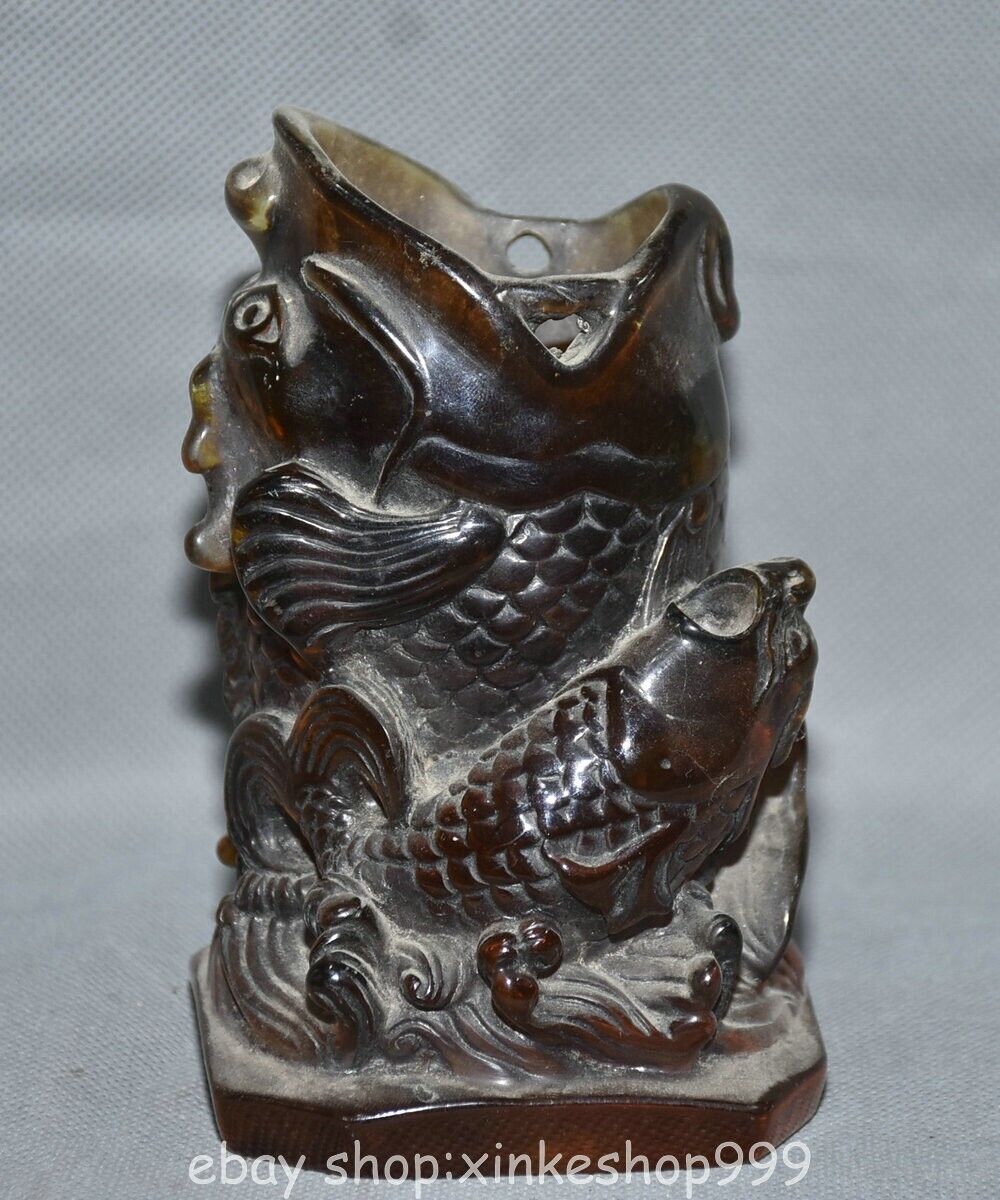 5" Rare Chinese Old Amber Carving Feng shui Dragon Fish Pen container Statue