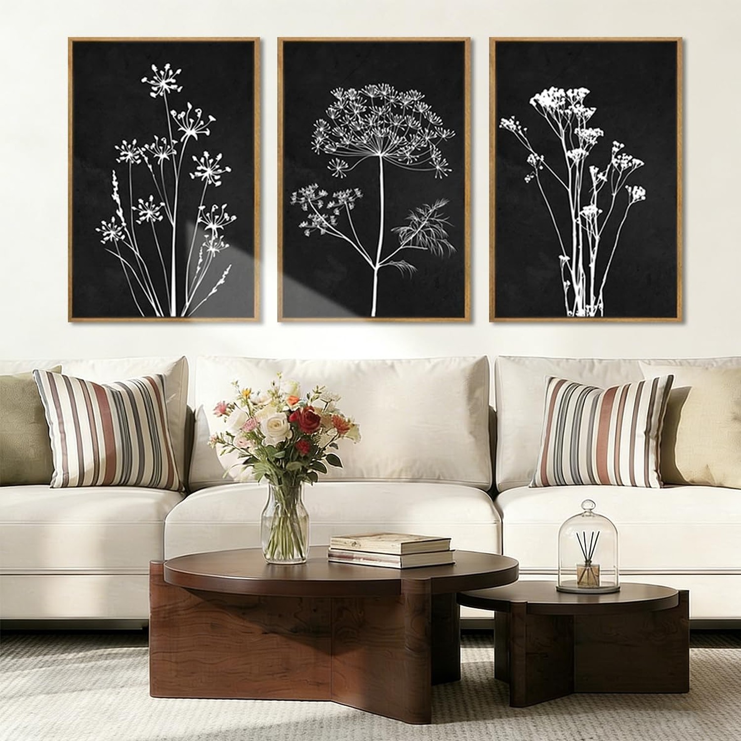 BINCUE Framed Botanical Wall Art Black Grey and White Plant Floral Print Canv...
