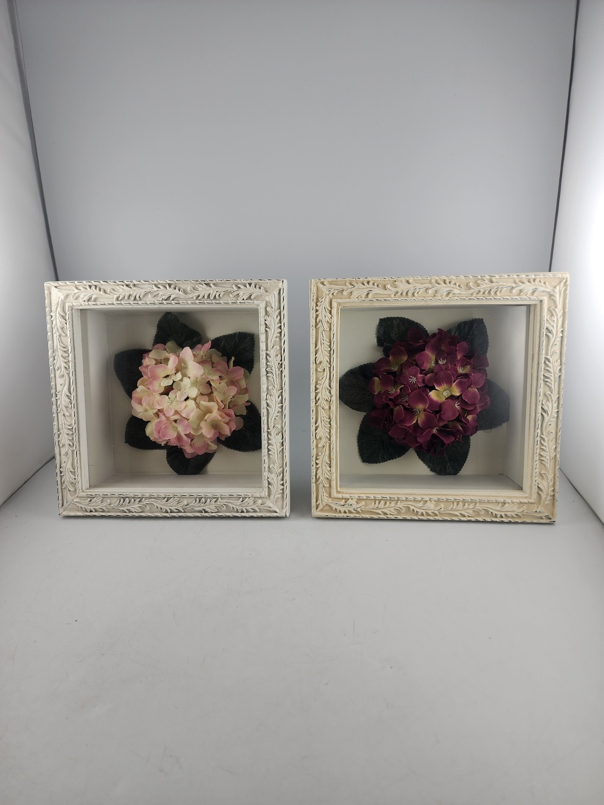 Shadow Box Framed 3D Burgandy White PInk Hydrangea Flowers Vtg 9x9x3-1/2" Qty 2