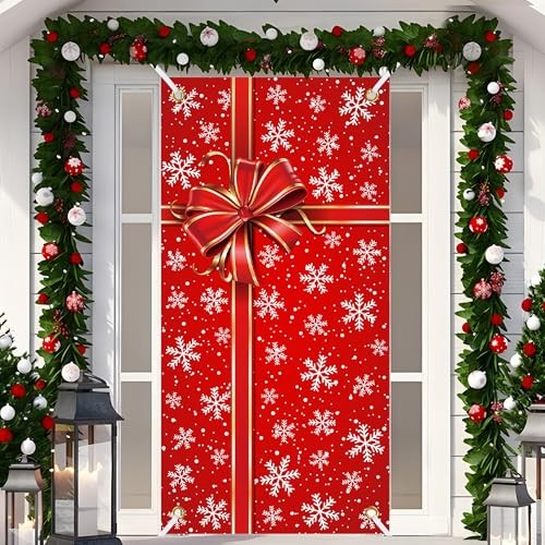 Christmas Door Cover Christmas Red Gift Box Door Banner Snowflake Door Hanging 