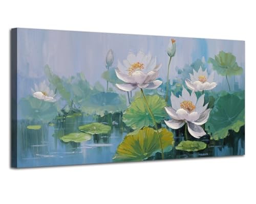  Lotus Flower Canvas Wall Art for Living Room Textured 40"L x 20"W Green Lotus
