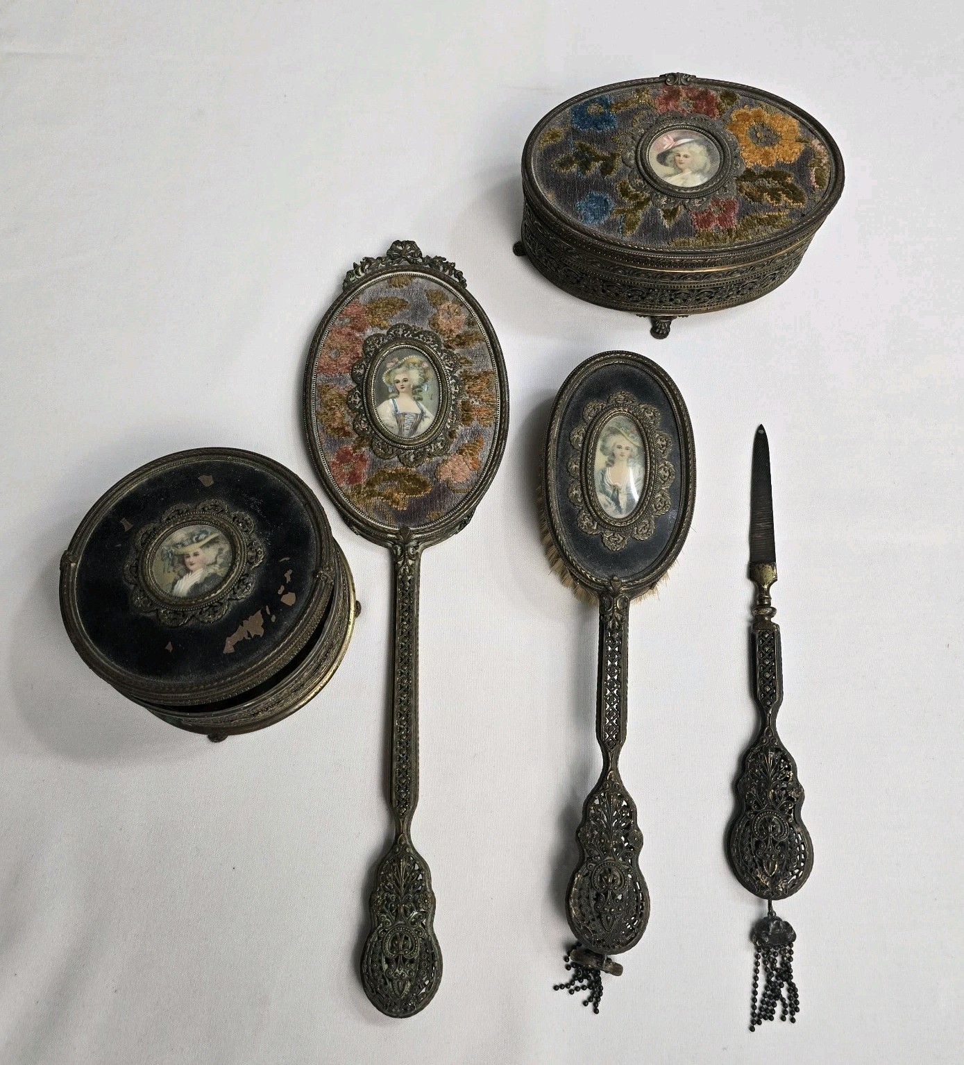 Antique French Gilt Metal and Guilloché Enamel Vanity Set Art Nouveau Boudoir