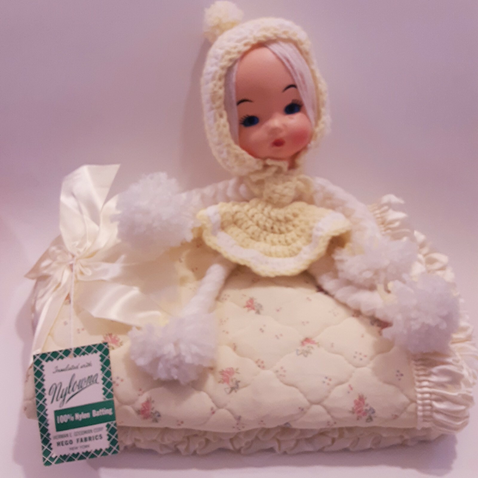 RARE Antique 1929 Baby bedding set Blanket Sham rubber face doll NOS Stroller