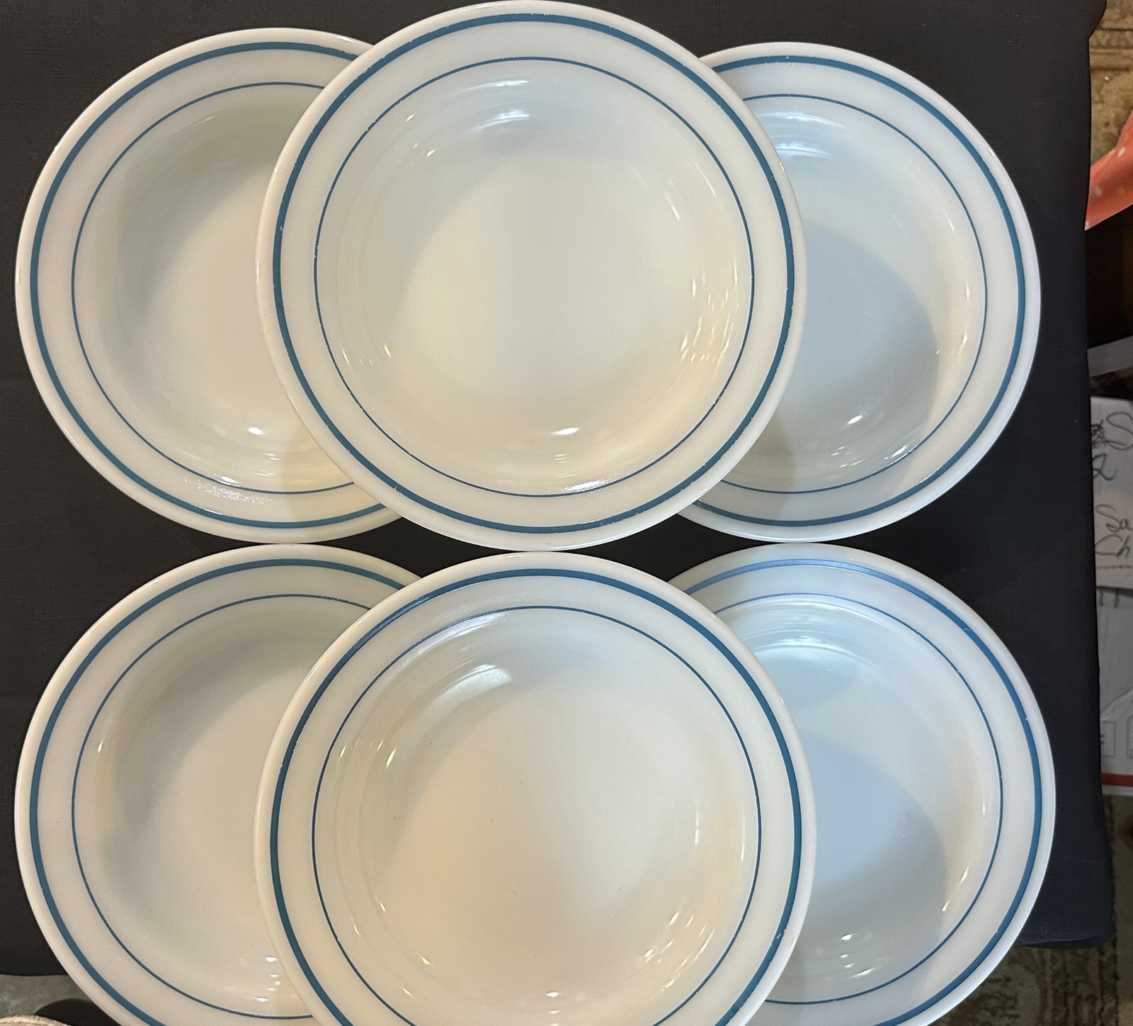 Pyrex by Corning Salad Rim Soup Bowls Lot of 6 Milk Glass 9-1/8" BLUEGRASSl