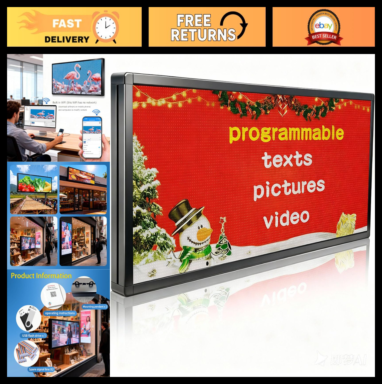 Custom Programmable LED Scrolling Sign - Outdoor Digital Display, WiFi Control,
