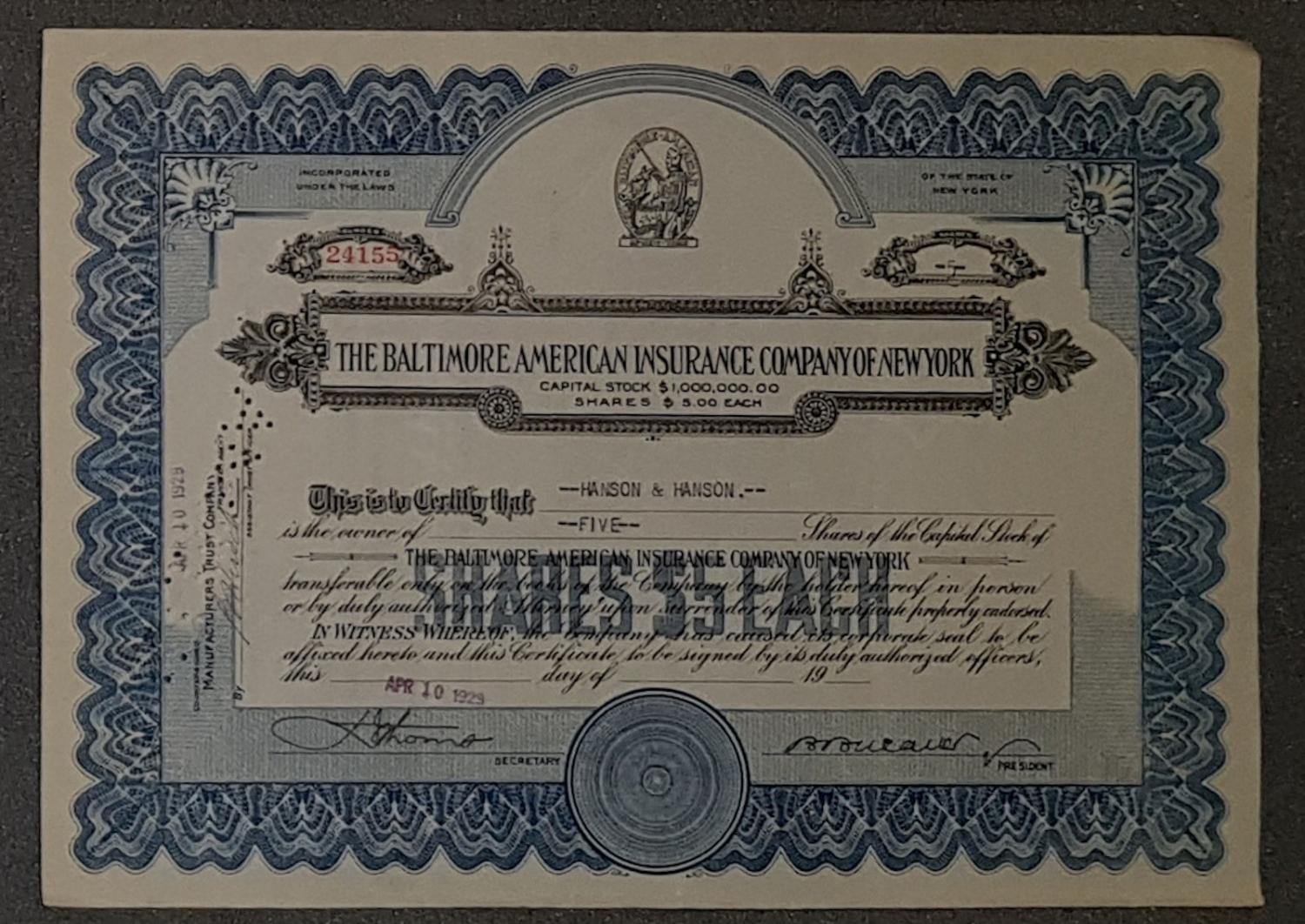 The Baltimore American Insurance Company of New York 1929 5 Shares