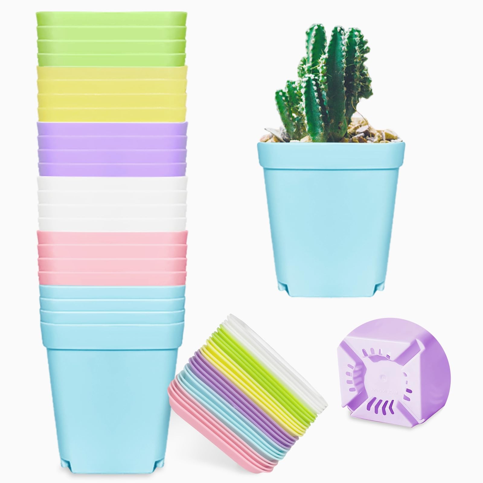 24 Pack 3inch Multi Color Square Plastic Plant 24pcs thin, 6 Colors 