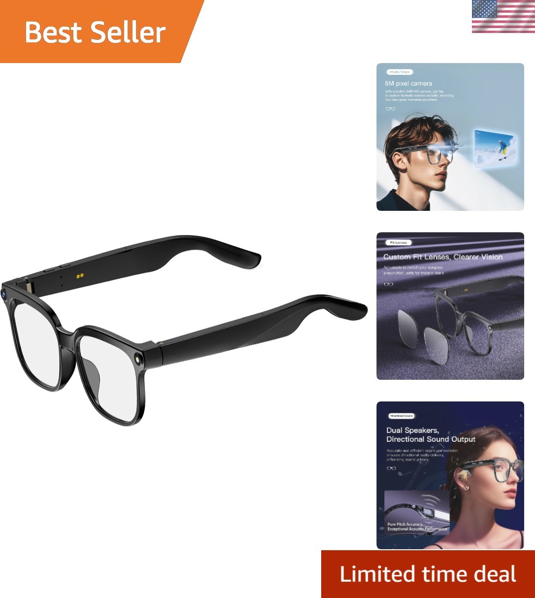Smart Glasses with Camera,4K with Audio Bluetooth Camera Glasses for Men Wome...