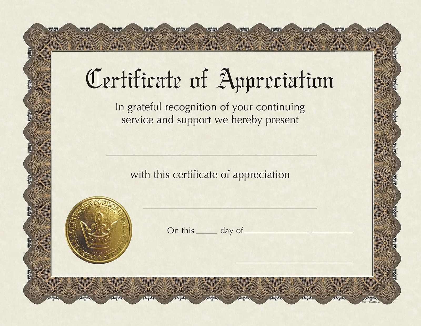 Great Papers! Ready-to-Use Certificates, Appreciation, 11 X 8.5, Ivory/Brown/...