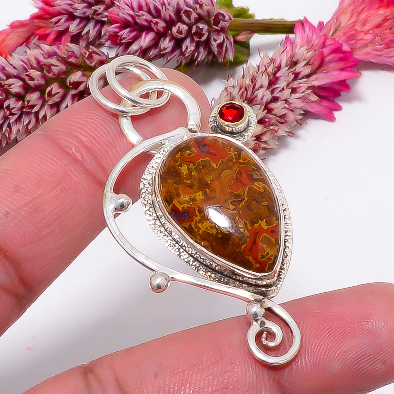 Seam Agate - Morocco & Red Garnet 925 Sterling Silver Pendant 1.95" sku39