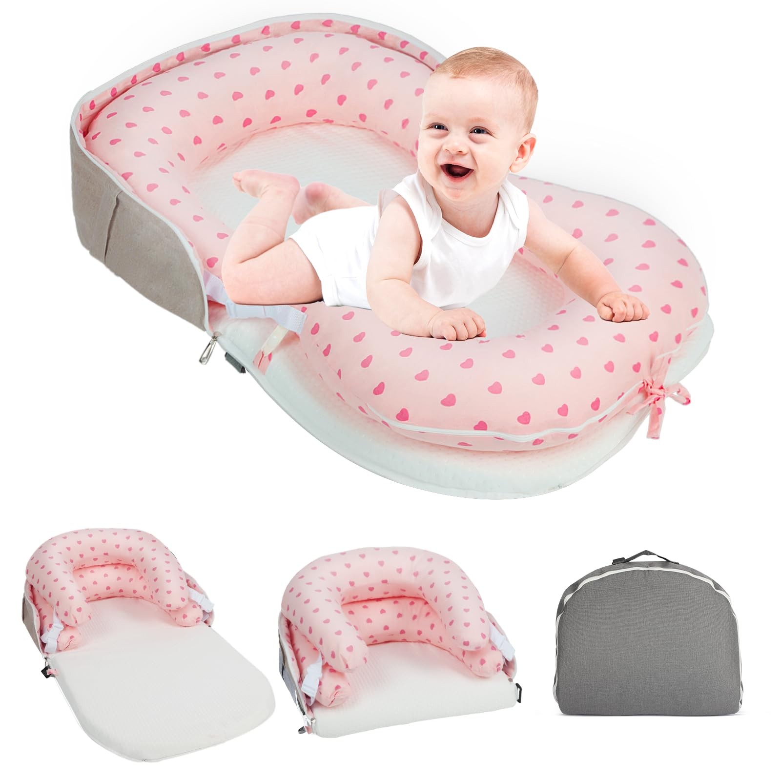 Portable Baby Lounger & Tummy Time with Zip-Up Carry Bag, Infant Cushion for ...
