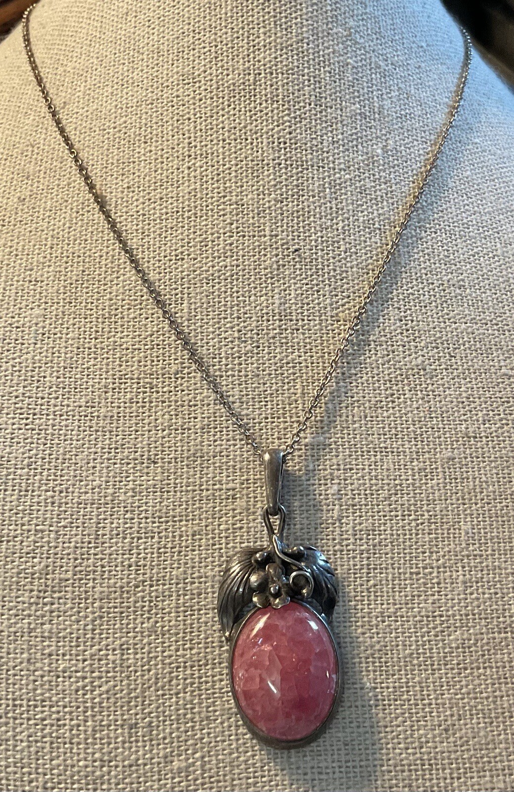 Native American Pink Jade Sterling Silver Pendant Leaves Flower Chain 16” Wms