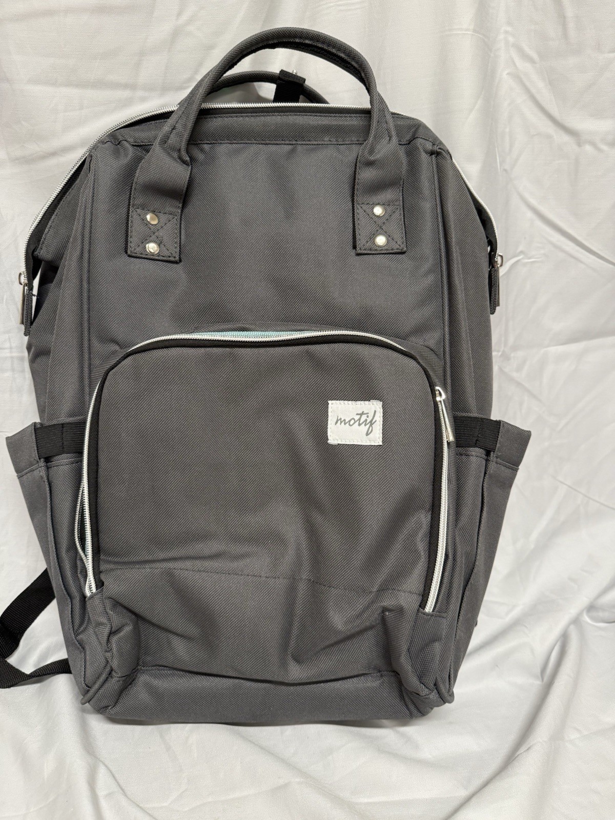 motif Gray Diaper Bag Backpack with Light Blue Interior, Multiple Compartments