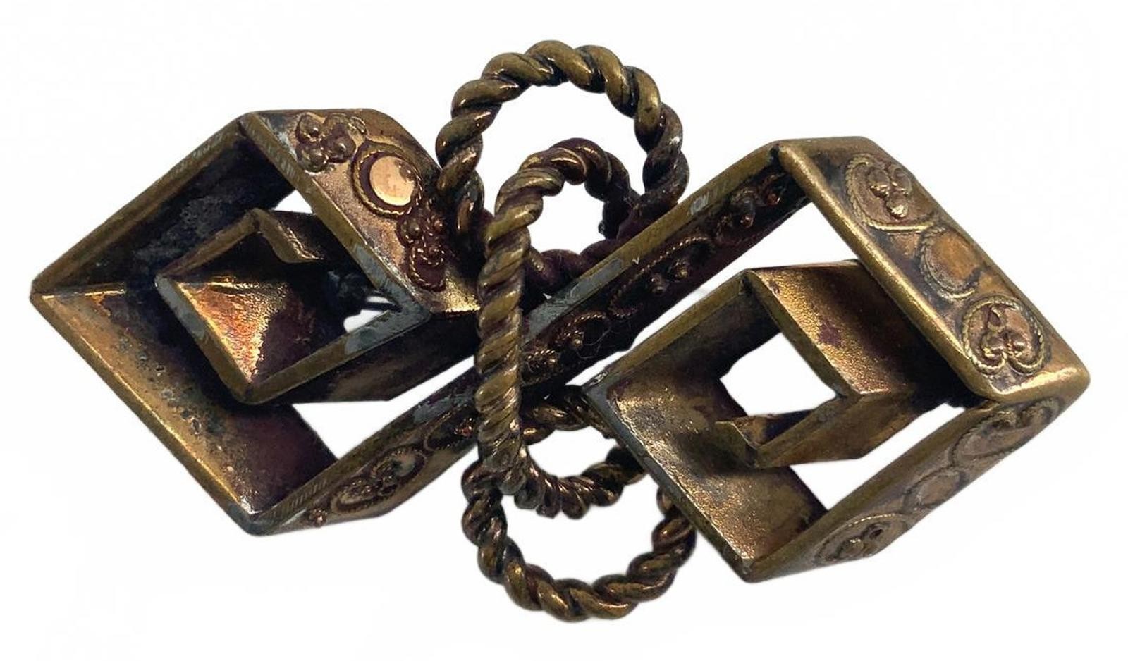 Vintage Brass Tone Brutalist Geometric Brooch Gold Tone Etched Scroll Pin