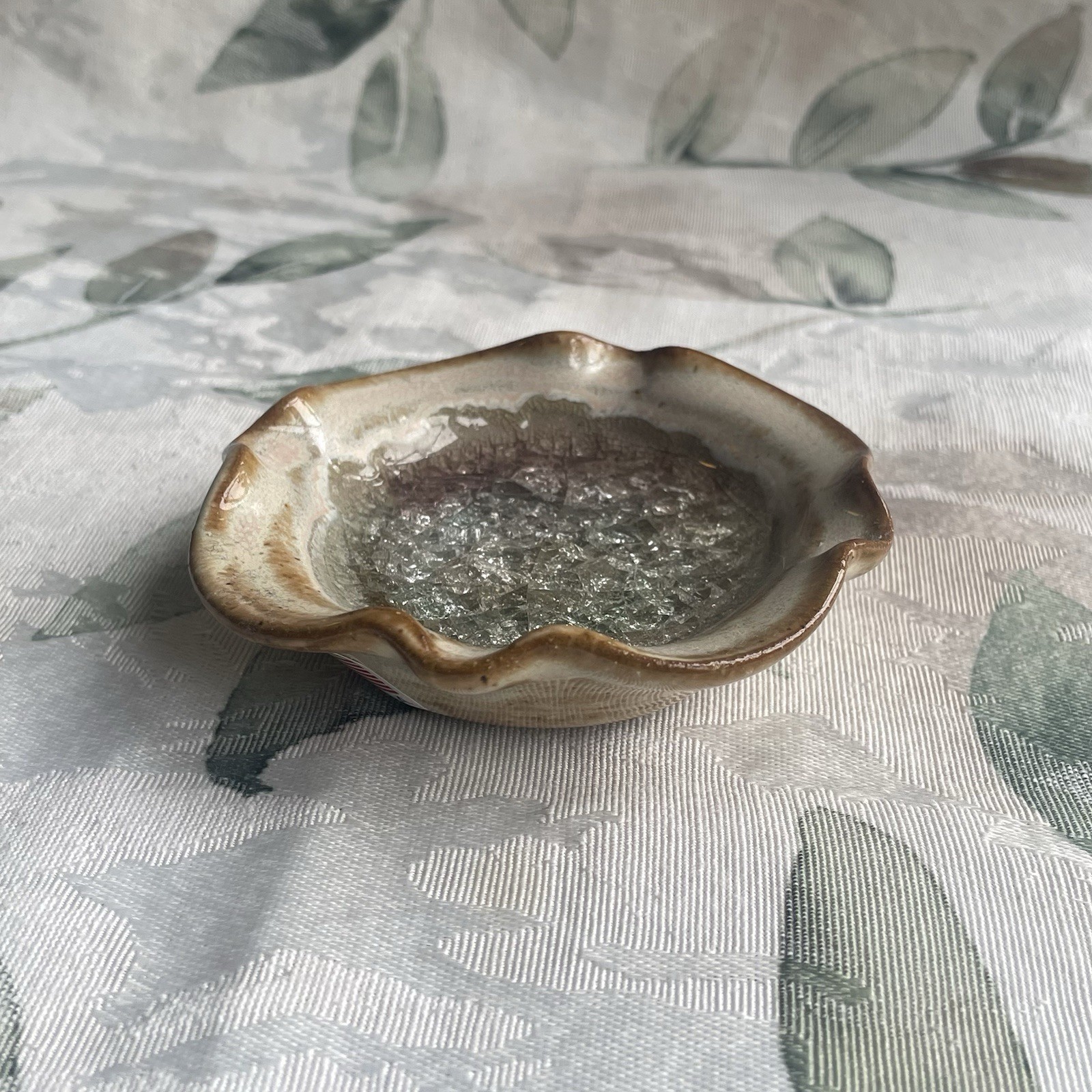 Art Pottery Crackle Infused Glass Trinket Ring Dish Round W/ Crimped Edge Boho