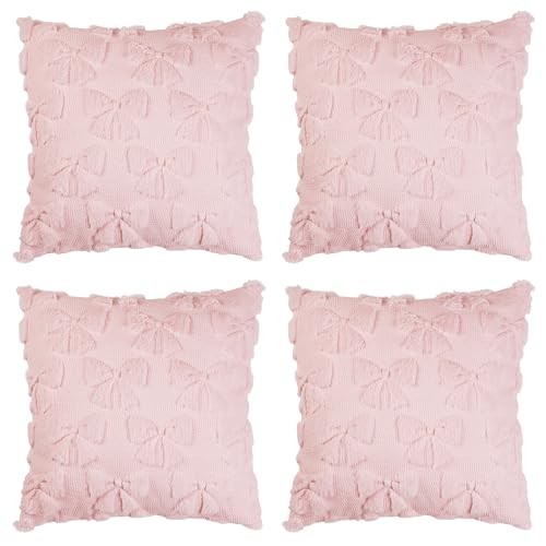 Bow Pillow Covers Set of 4, Coquette Room Decor Preppy Pink Soft Faux Fur 